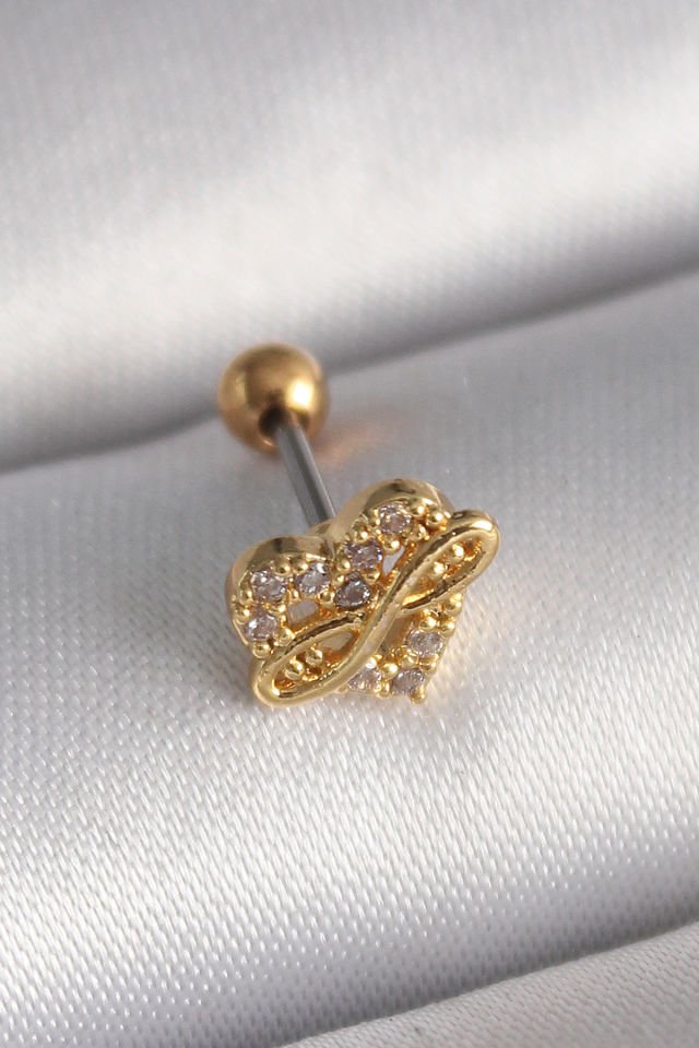 Gold Zirkon Taşlı Kalp Sonsuzluk  Tragus Piercing - 316L Çelik