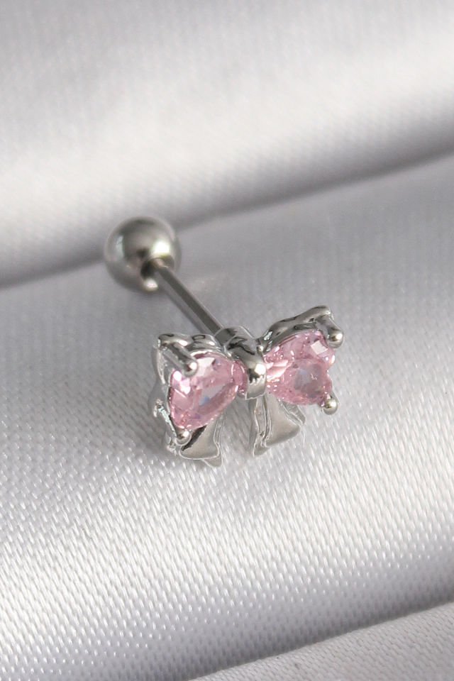 Gümüş Pembe Zirkon Taşlı Fiyonk Tragus Piercing - 316L Çelik