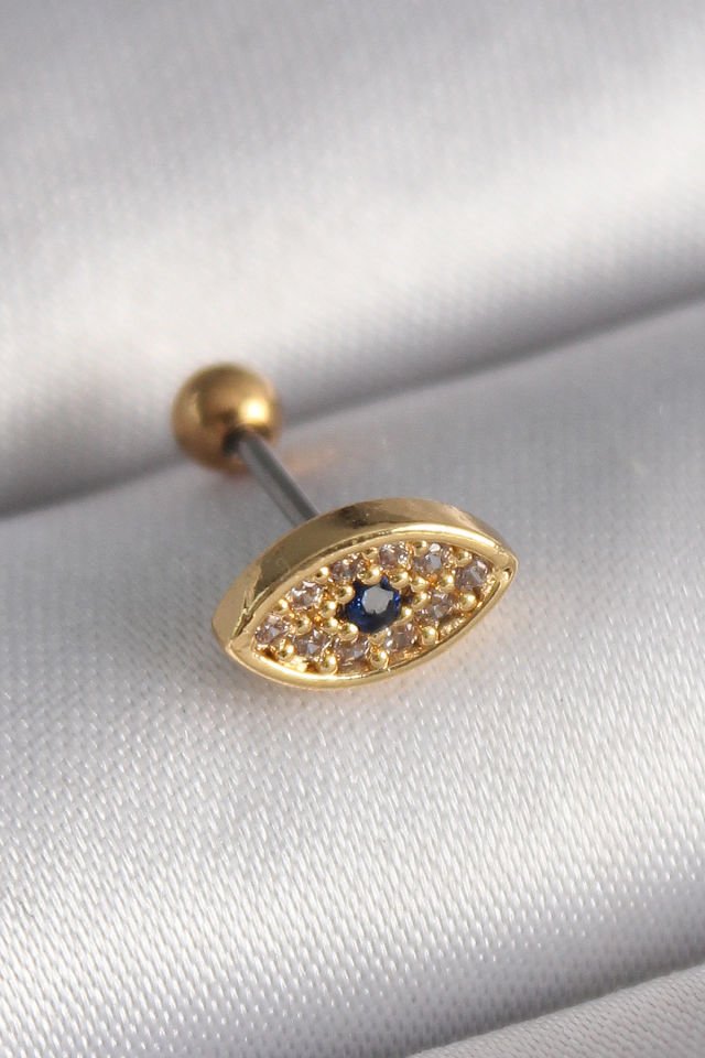 Gold Zirkon Taşlı Göz Tragus Piercing - 316L Çelik