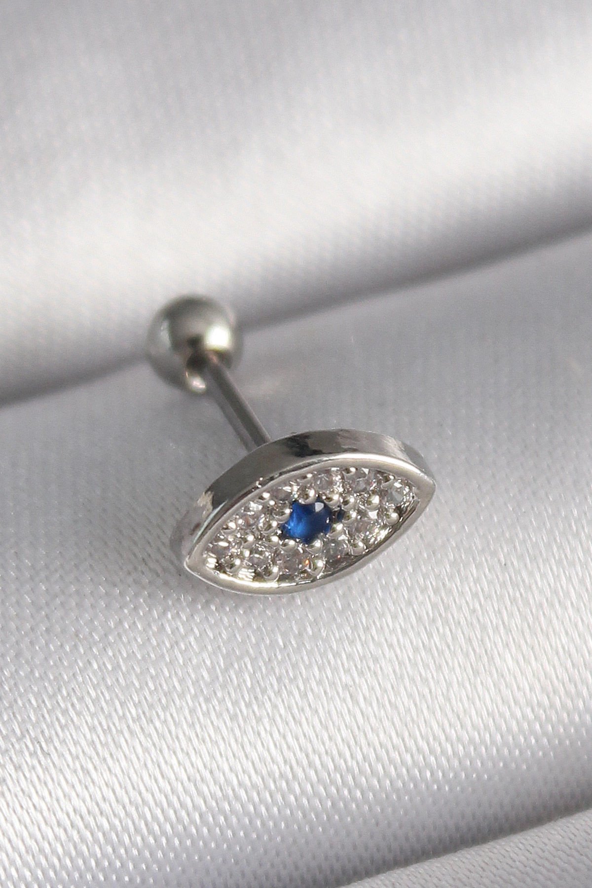Gümüş Zirkon Taşlı Göz Tragus Piercing - 316L Çelik