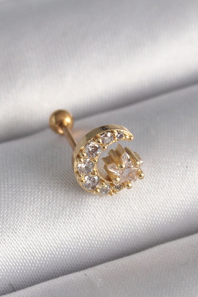 Gold Zirkon Taşlı Ay Yıldız Tragus Piercing - 316L Çelik
