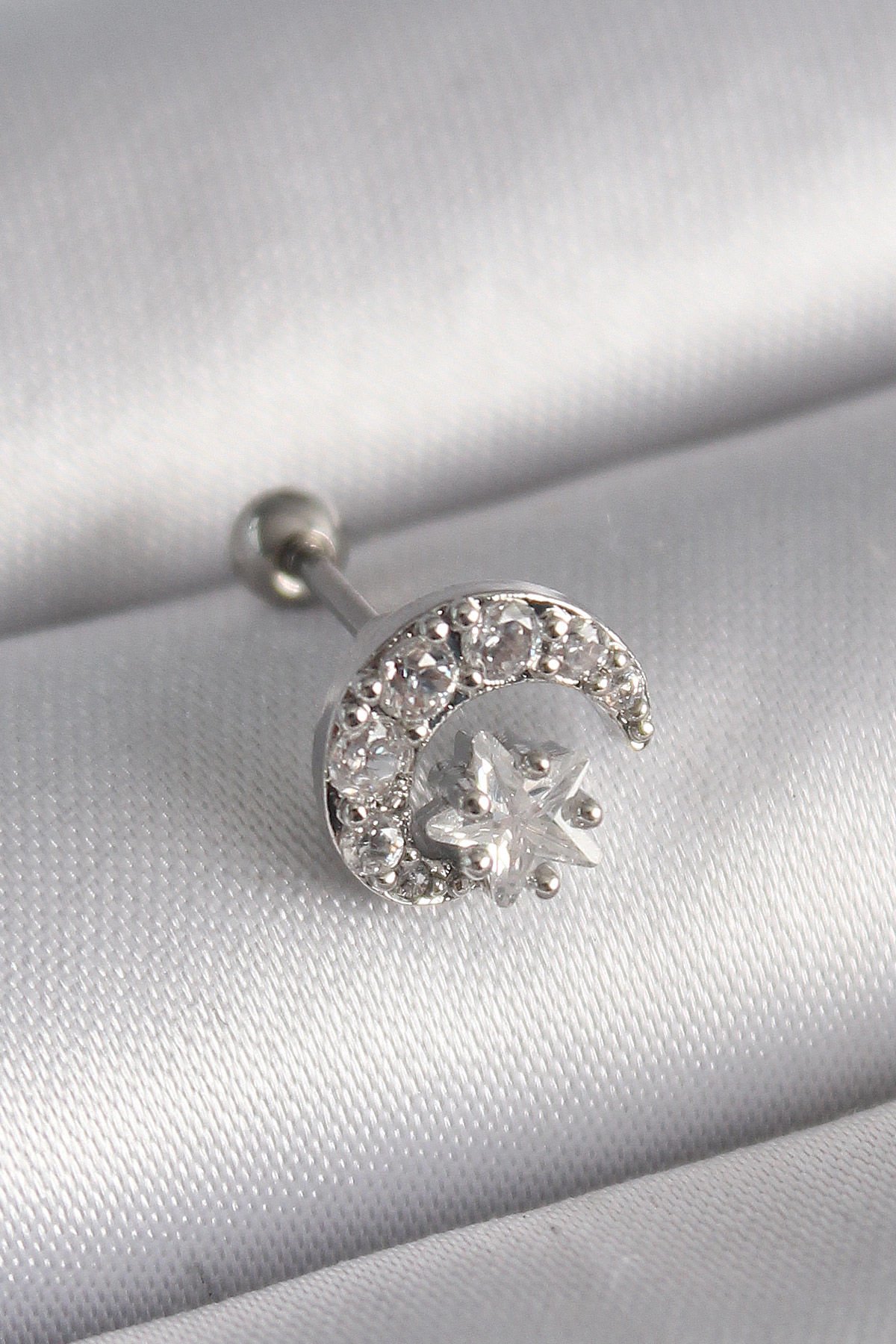 Gümüş Zirkon Taşlı Ay Yıldız Tragus Piercing - 316L Çelik
