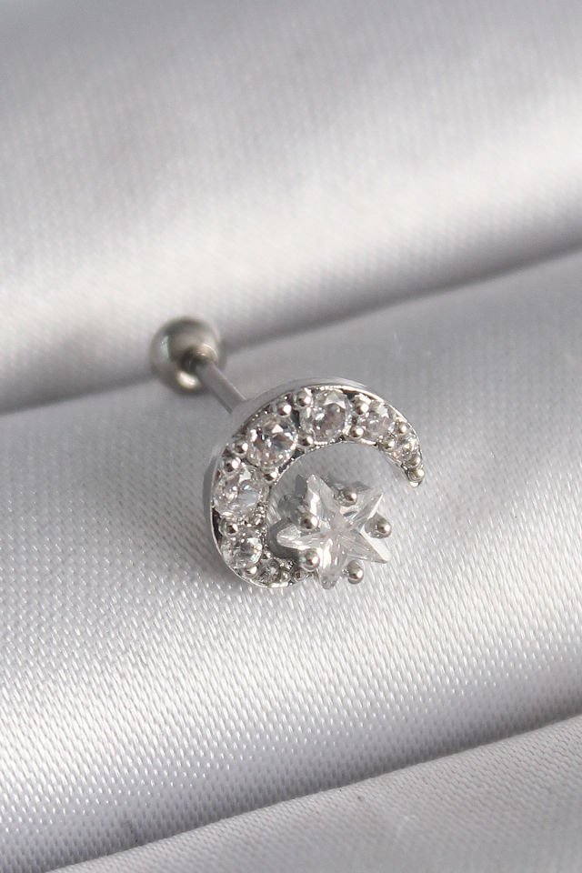 Gümüş Zirkon Taşlı Ay Yıldız Tragus Piercing - 316L Çelik