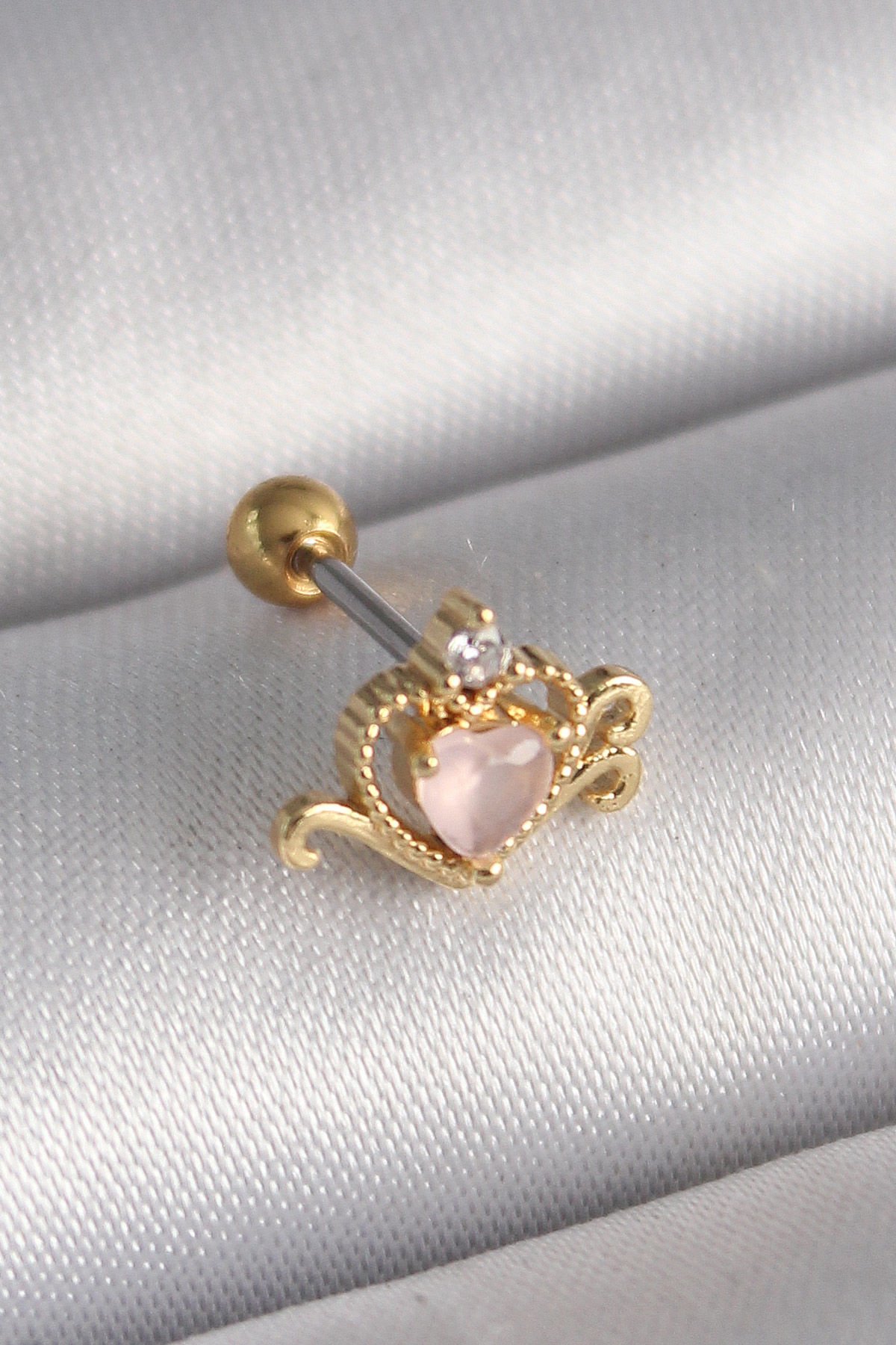 Gold Pembe  Kalp Zirkon Tragus Piercing - 316L Çelik