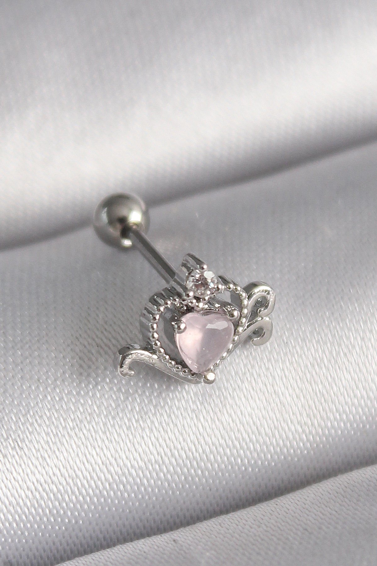 Gümüş Pembe Kalp Zirkon  Tragus Piercing - 316L Çelik