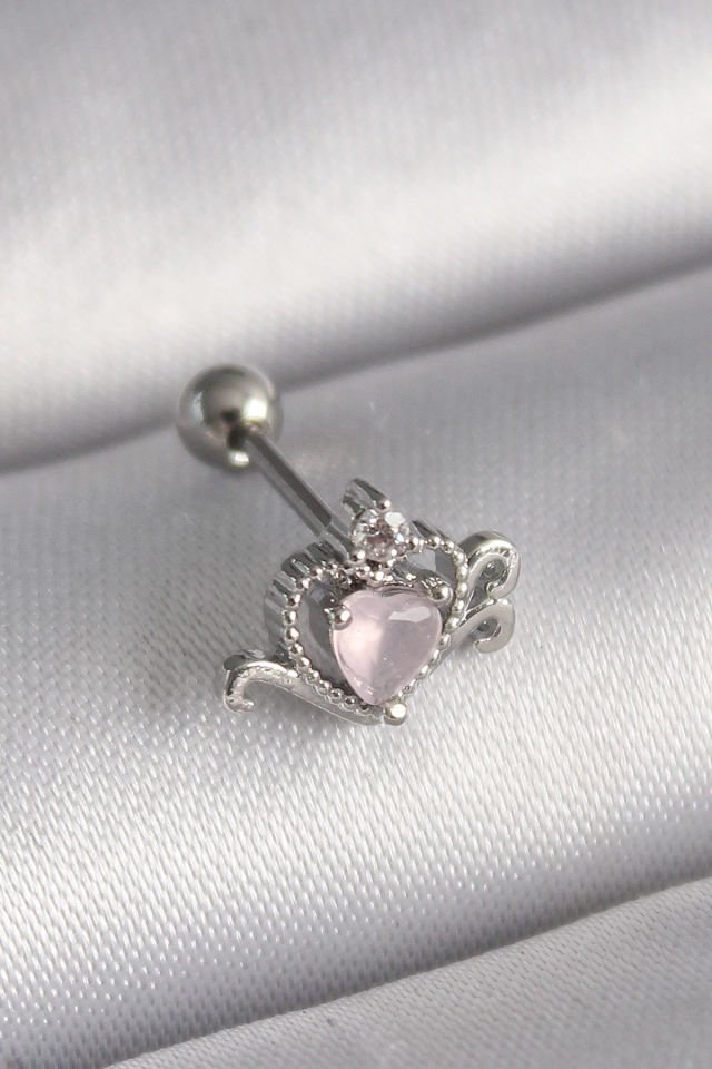Gümüş Pembe Kalp Zirkon  Tragus Piercing - 316L Çelik