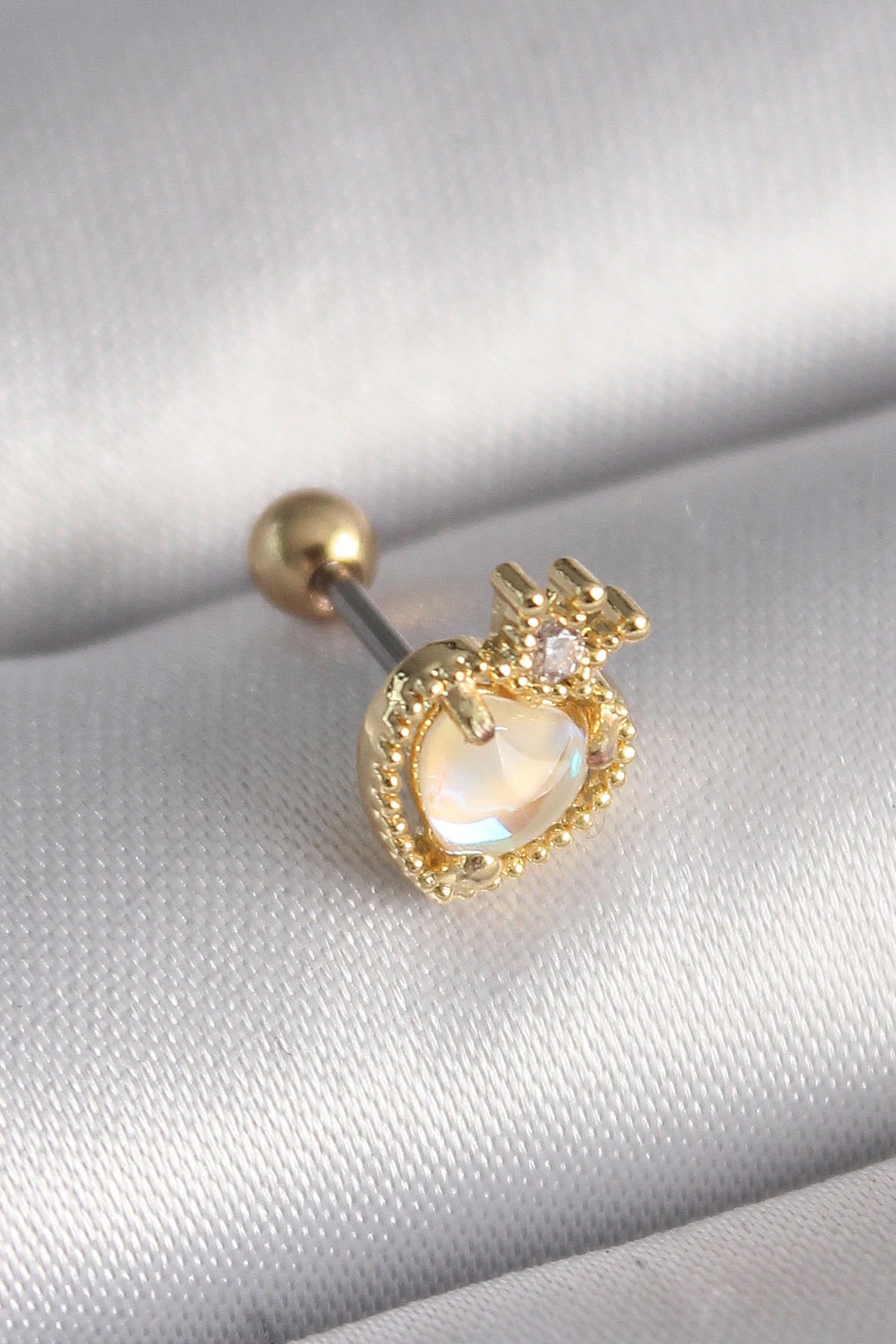 Gold Beyaz Kalp Zirkon Taç Tragus Piercing - 316L Çelik