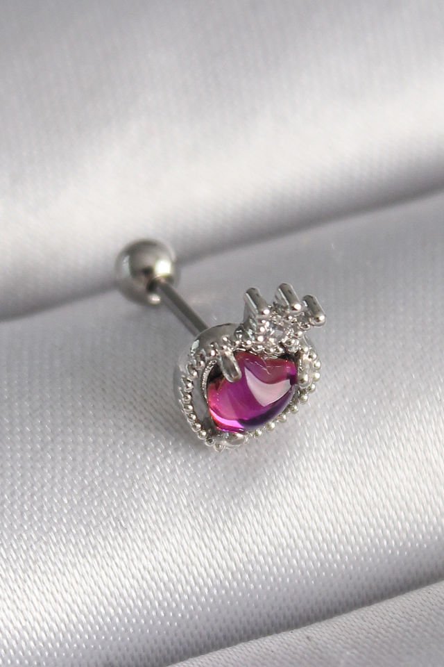 Gümüş Pembe Kalp Zirkon Taç Tragus Piercing - 316L Çelik