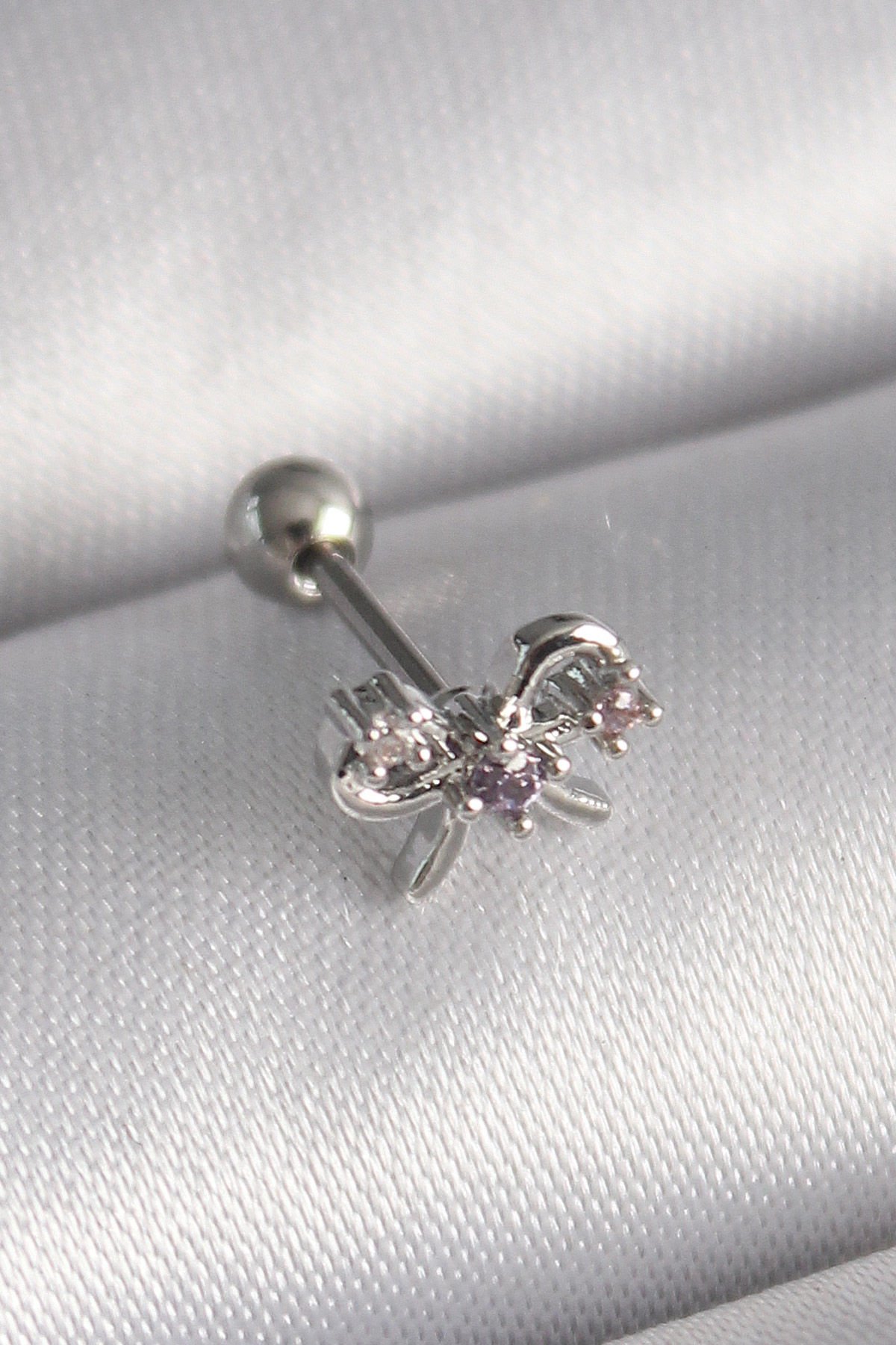 Gümüş Zirkon Taşlı Kurdele Tragus Piercing - 316L Çelik