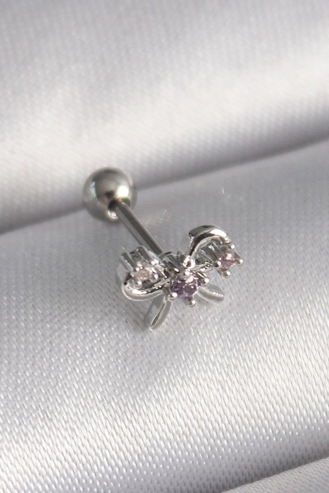 Gümüş Zirkon Taşlı Kurdele Tragus Piercing - 316L Çelik
