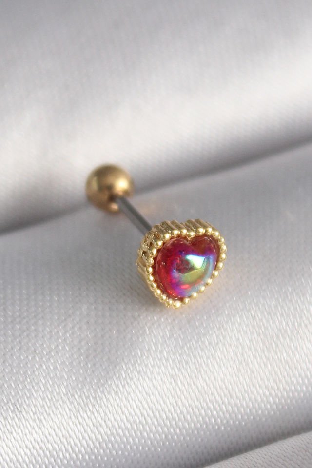 Gold Kırmızı Mineli Kalp Tragus Piercing - 316L Çelik
