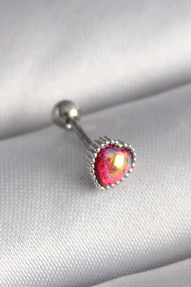 Gümüş Kırmızı Mineli Kalp Tragus Piercing - 316L Çelik