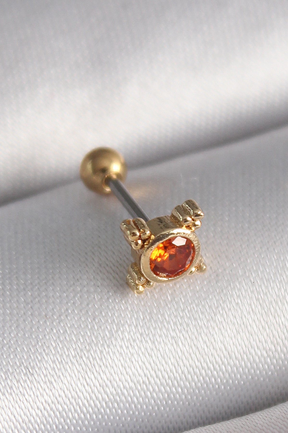 Gold Turuncu Zirkon Taşlı Tragus Piercing - 316L Çelik