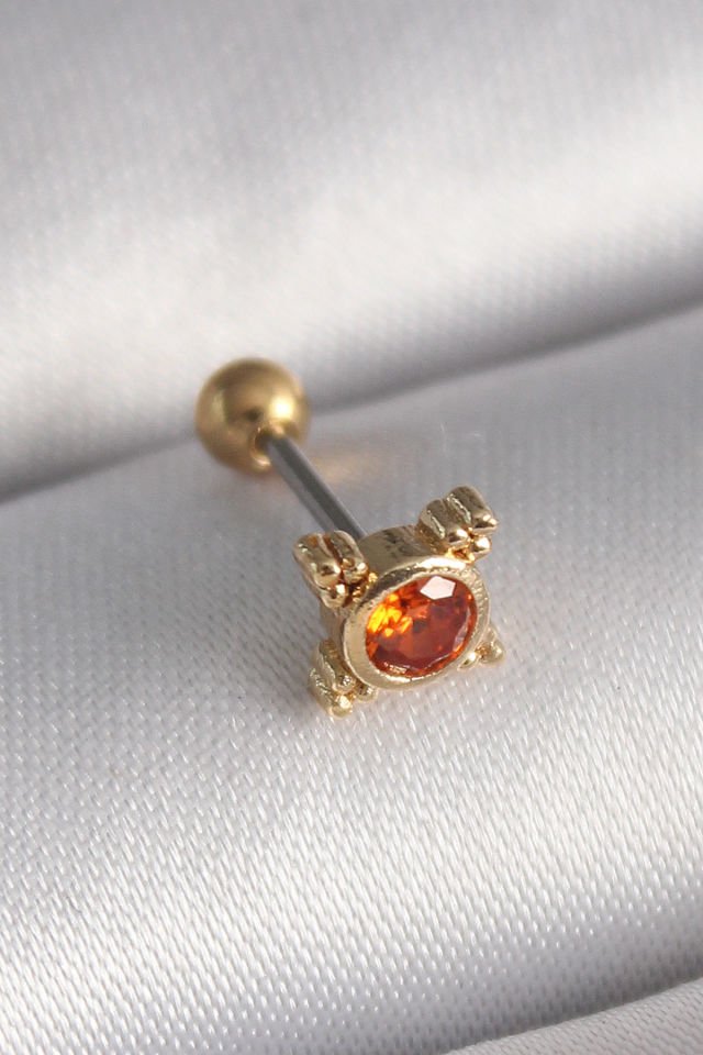 Gold Turuncu Zirkon Taşlı Tragus Piercing - 316L Çelik