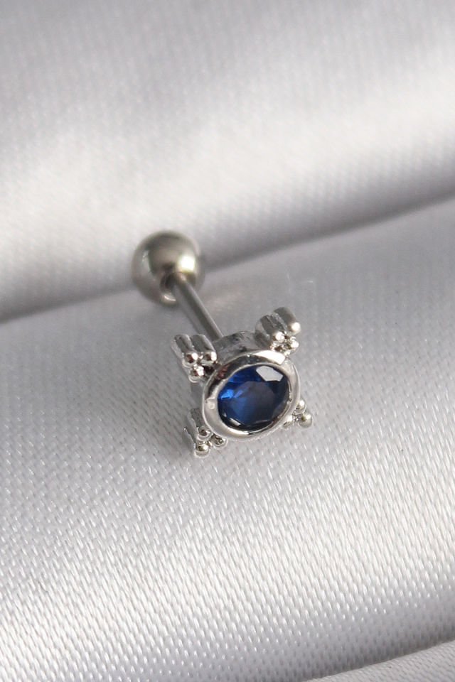 Gümüş Mavi Zirkon Taşlı Tragus Piercing - 316L Çelik