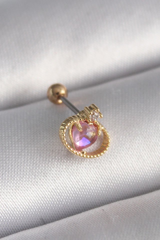 Gold Pembe Mineli Kalp Zirkon Tragus Piercing - 316L Çelik