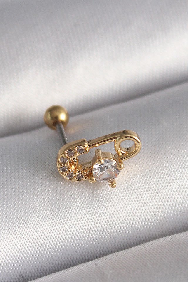 316L Çelik Gold Zirkon Taşlı Toplu İğne Tragus Piercing