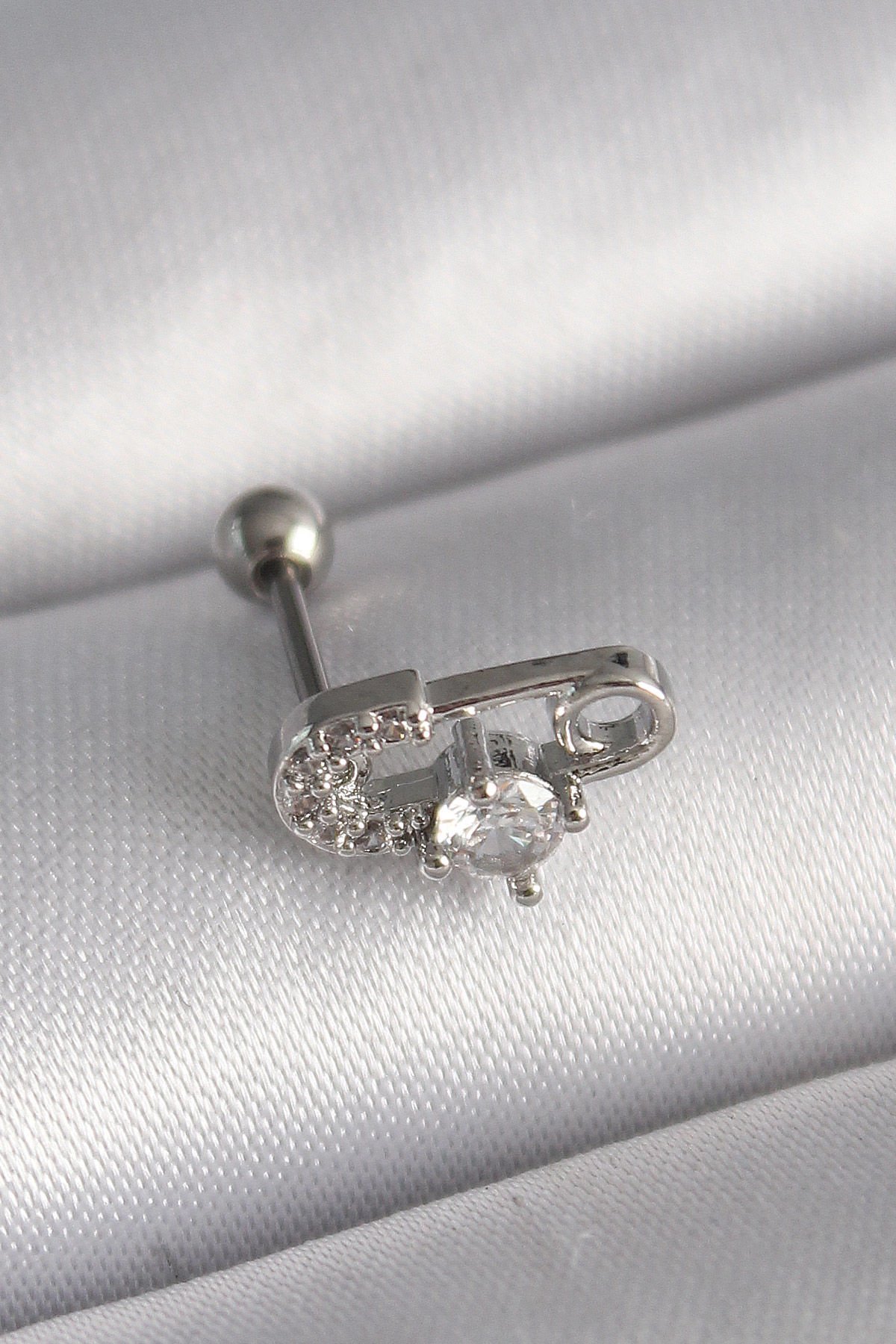 316L Çelik Gümüş  Zirkon Taşlı Toplu İğne Tragus Piercing