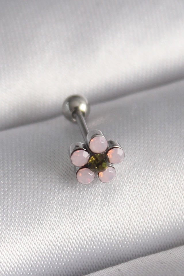 316L Çelik Gümüş  Zirkon Taşlı Çiçek Tragus Piercing