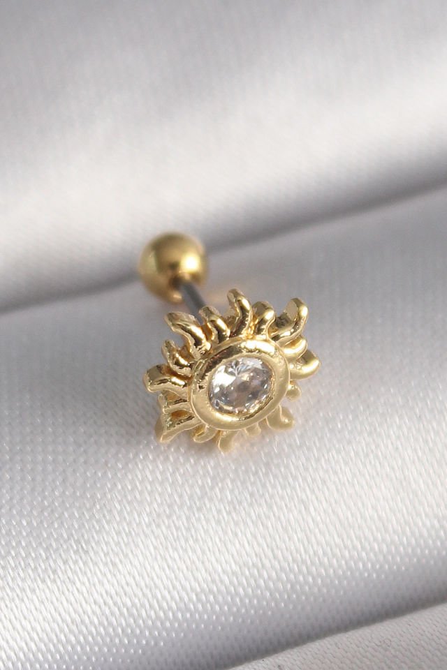 Gold Zirkon Taşlı Güneş Tragus Piercing - 316L Çelik