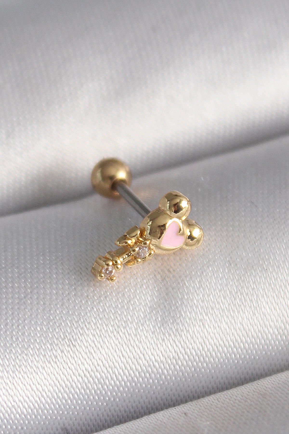 Gold Zirkon Taşlı Pembe Kalp  Tragus Piercing - 316L Çelik