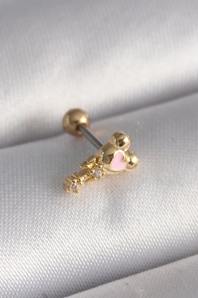 Gold Zirkon Taşlı Pembe Kalp  Tragus Piercing - 316L Çelik