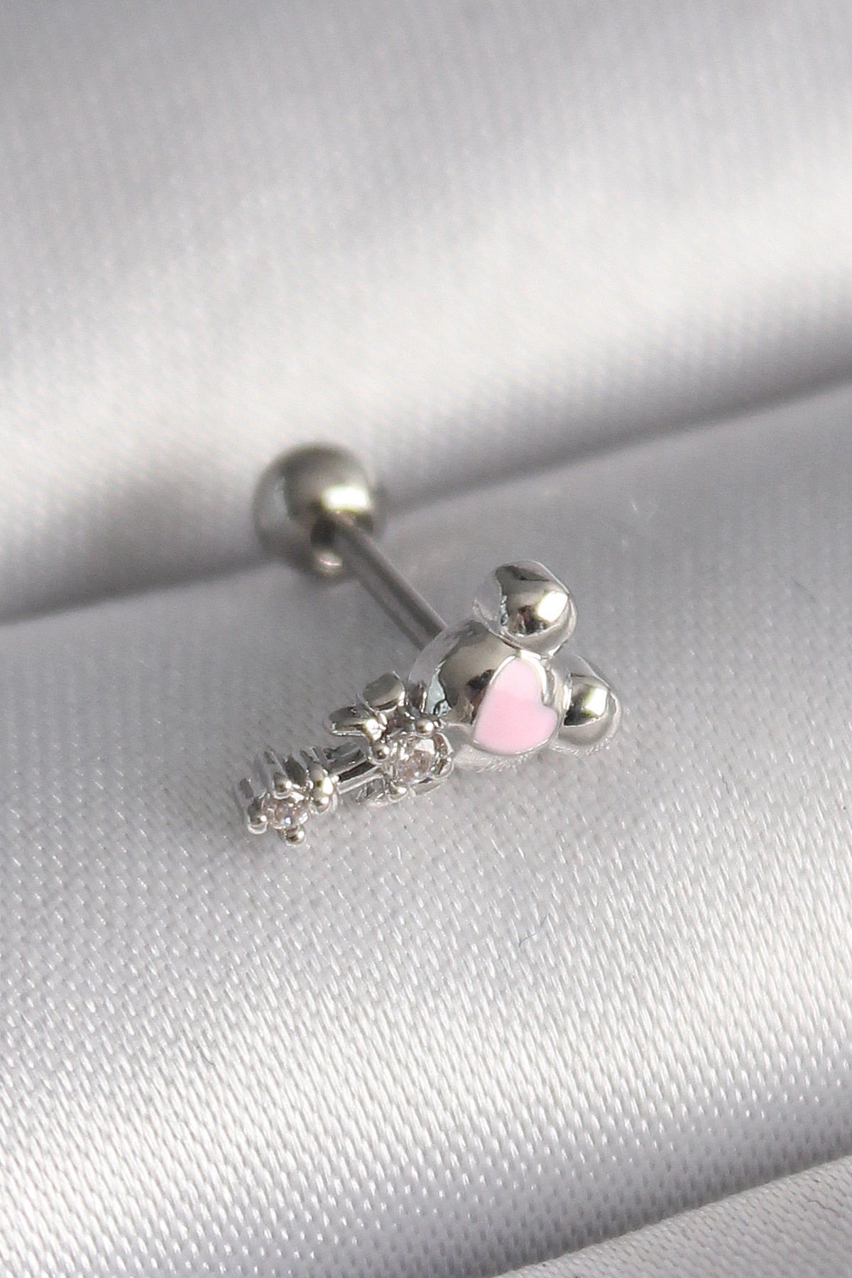 Gümüş Zirkon Taşlı Pembe Kalp  Tragus Piercing - 316L Çelik