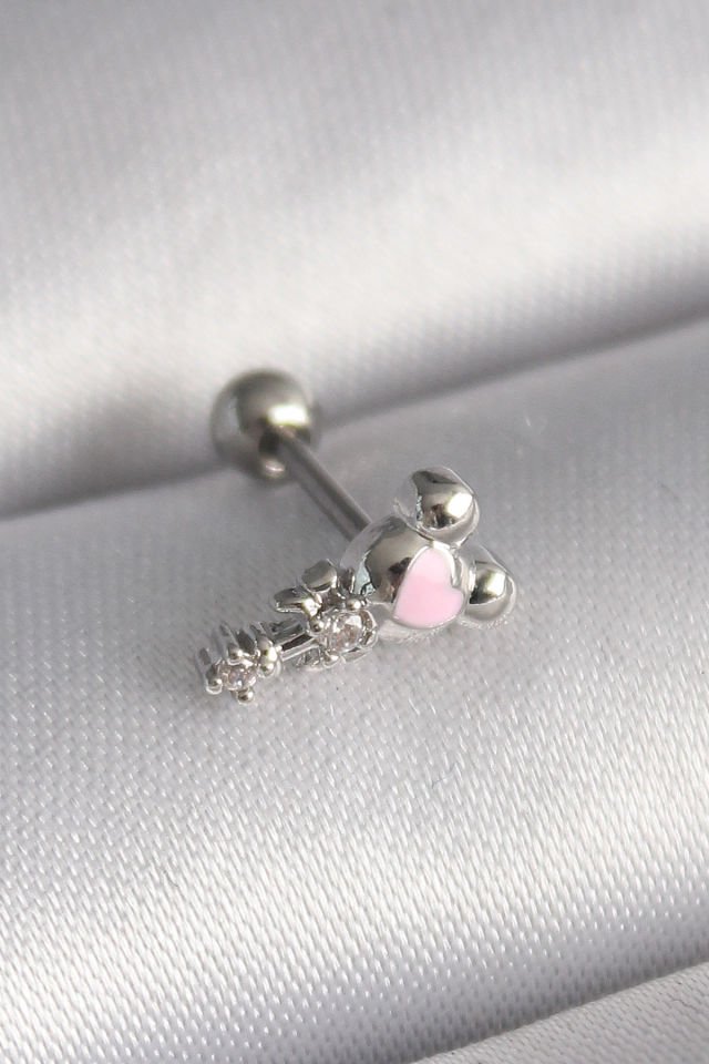 Gümüş Zirkon Taşlı Pembe Kalp  Tragus Piercing - 316L Çelik