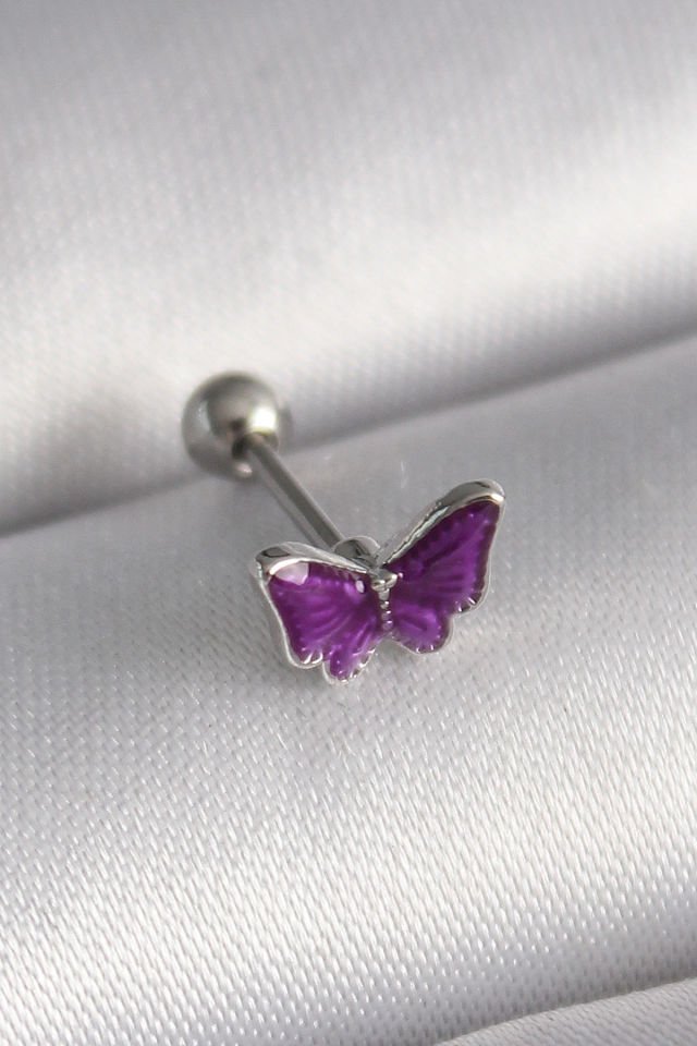 316L Çelik Gümüş  Mor Kelebek Tragus Piercing