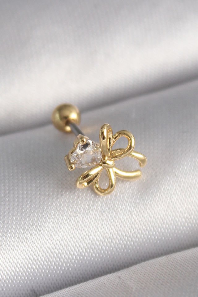 Gold Zirkon Taşlı Kurdele Tragus Piercing - 316L Çelik