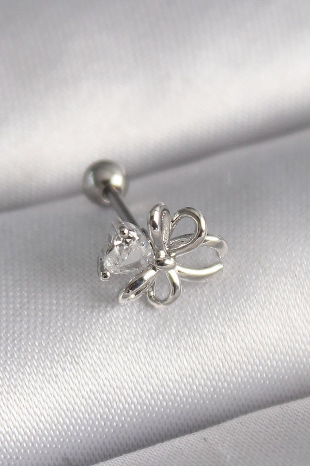 316L Çelik Gümüş Zirkon Taşlı Kurdele Tragus Piercing
