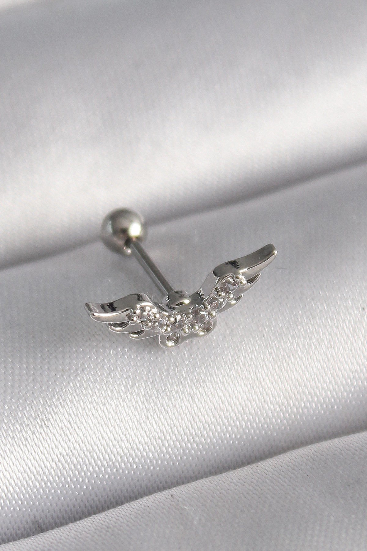 Gümüş Zirkon Taşlı Kanat Tragus Piercing - 316L Çelik