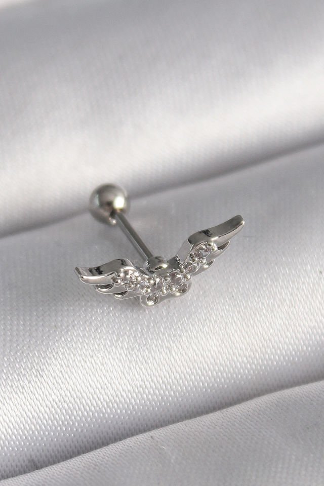 Gümüş Zirkon Taşlı Kanat Tragus Piercing - 316L Çelik