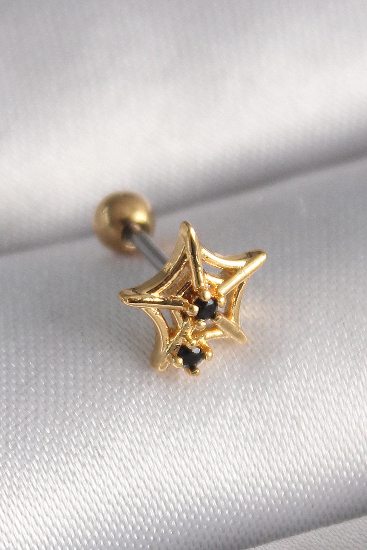 Gold Siyah Zirkon Örümcek Ağ  Tragus Piercing - 316L Çelik