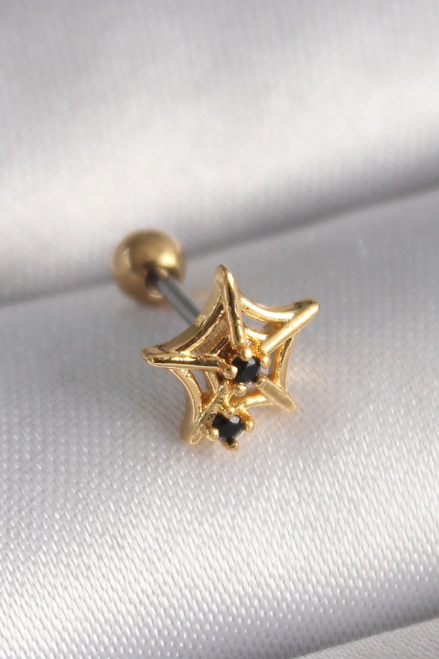 Gold Siyah Zirkon Örümcek Ağ  Tragus Piercing - 316L Çelik