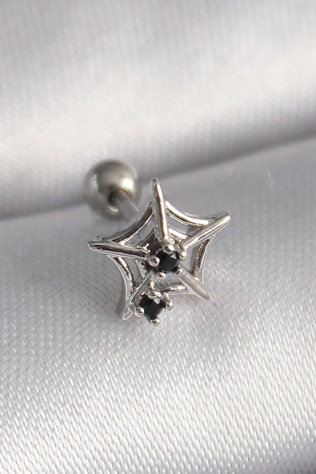 Gümüş Siyah Zirkon Örümcek Ağ  Tragus Piercing - 316L Çelik