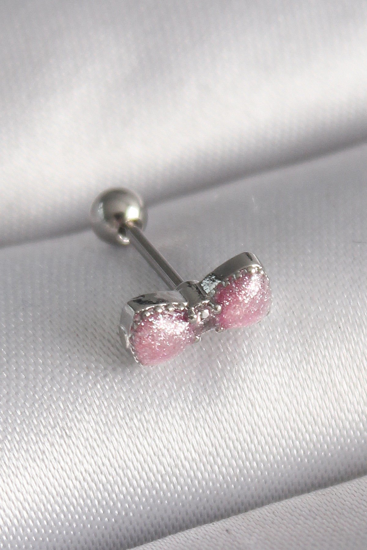 Gümüş Pembe Kurdele Zirkon Tragus Piercing - 316L Çelik
