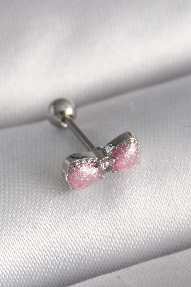 Gümüş Pembe Kurdele Zirkon Tragus Piercing - 316L Çelik