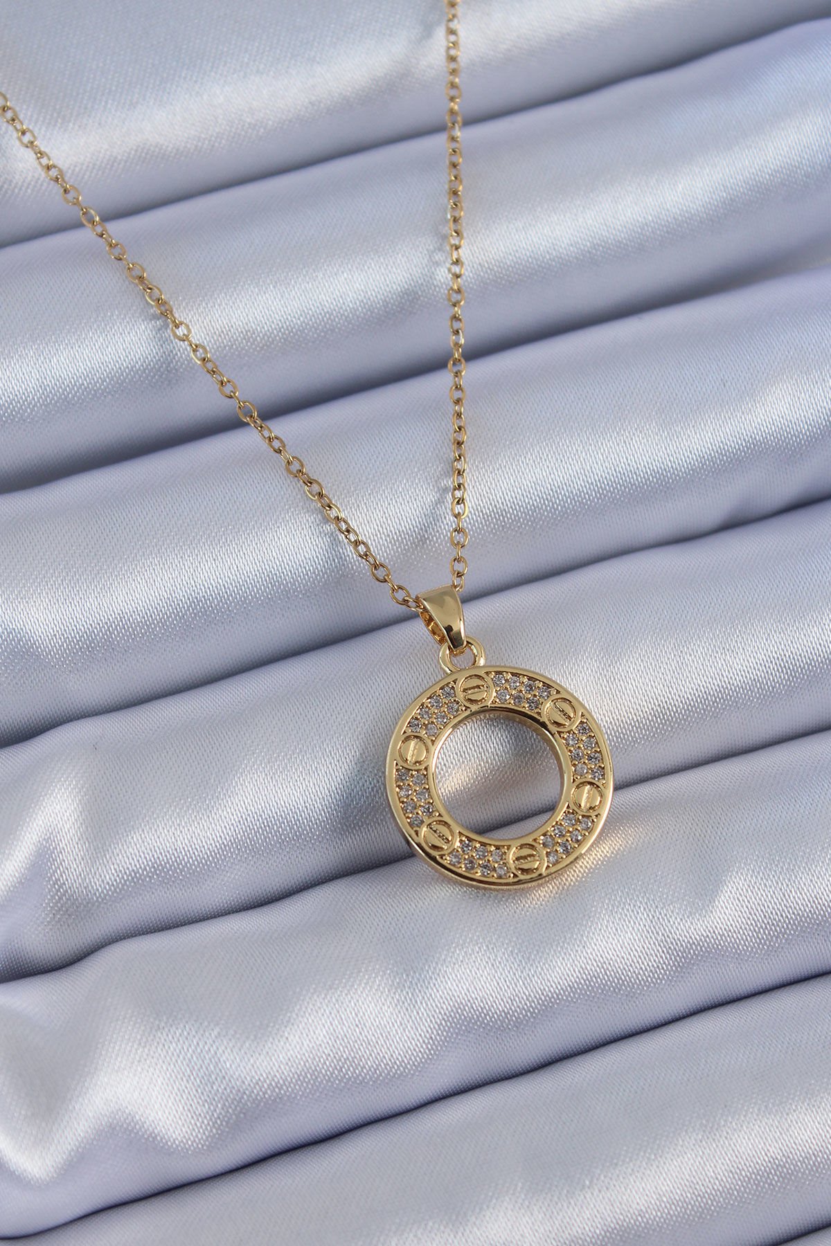 316L Çelik Gold Renk Zirkon Taşlı Model Kadın Kolye