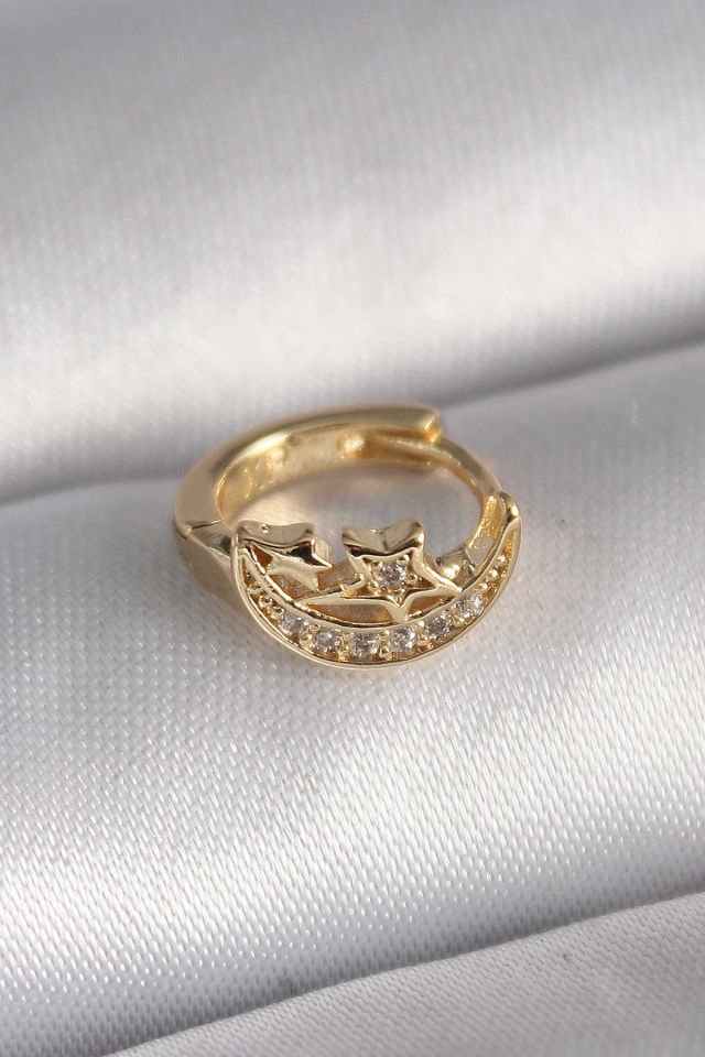 Gold Zirkon Taşlı Ay Yıldız Tragus Piercing - 316L Çelik