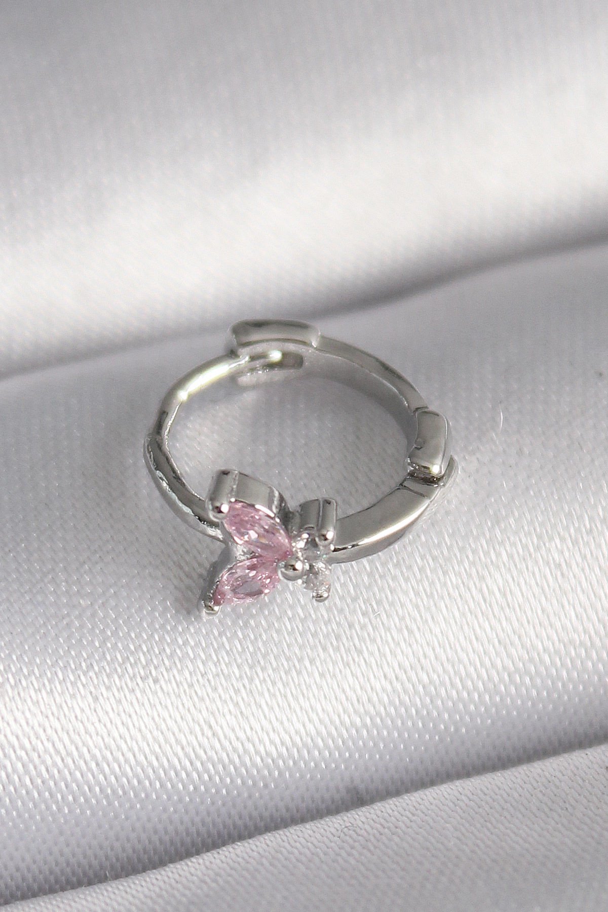 Gümüş Pembe Zirkon Taşlı Kelebek  Tragus Piercing - 316L Çelik