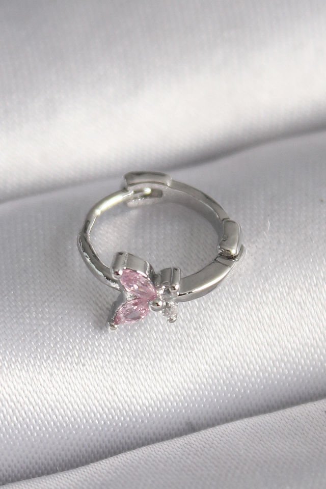 Gümüş Pembe Zirkon Taşlı Kelebek  Tragus Piercing - 316L Çelik
