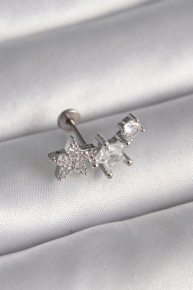 Gümüş Zirkon Taşlı Yıldız Tragus Piercing - 316L Çelik