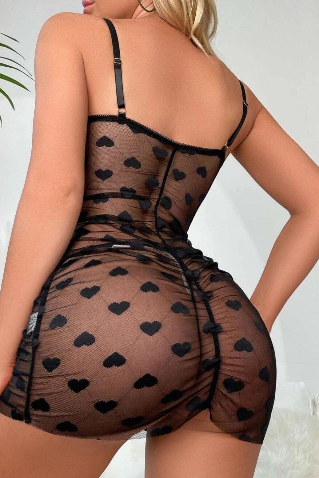 Bella Notte Siyah Kalp Desenli Gecelik 15725