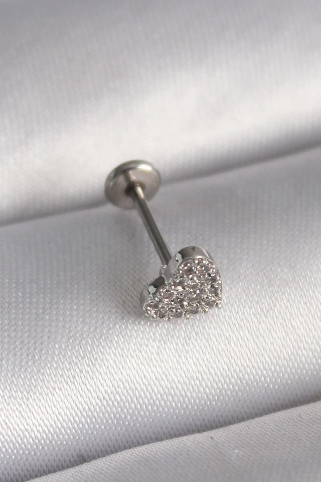 Gümüş Zirkon Taşlı Kalp  Tragus Piercing - 316L Çelik