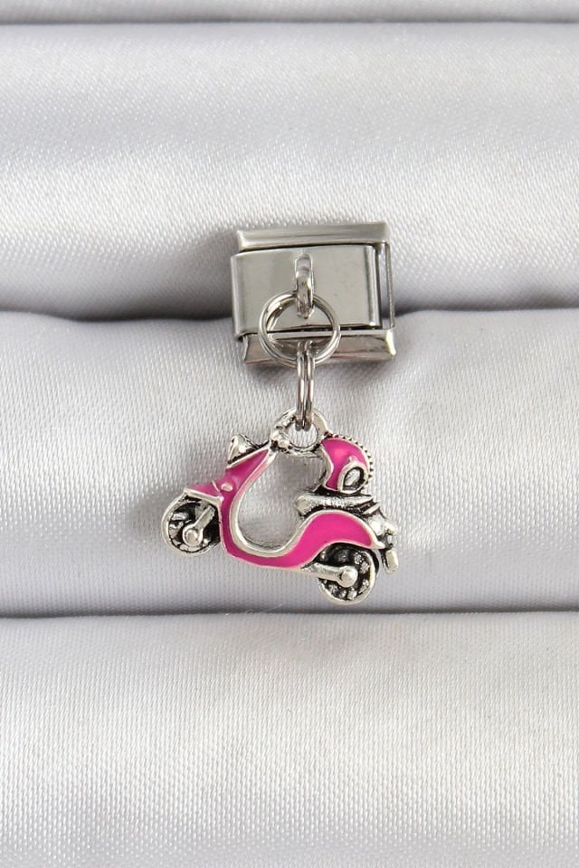 316L Çelik Gümüş Renk Pembe Scooter Model Nomination Charm