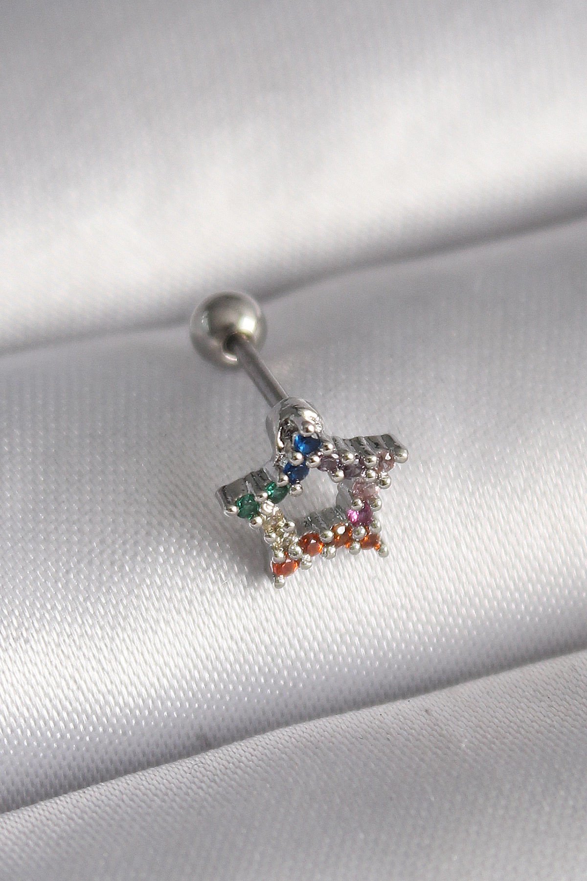 316L Çelik Gümüş  Renkli Zirkon Taşlı Yıldız  Tragus Piercing