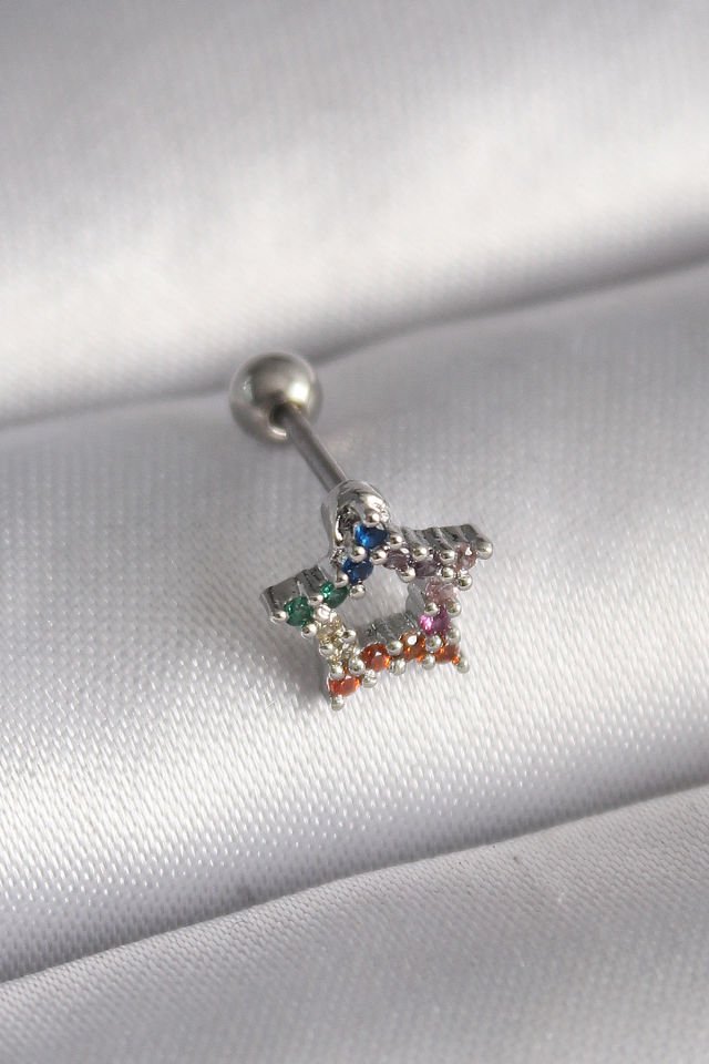 316L Çelik Gümüş  Renkli Zirkon Taşlı Yıldız  Tragus Piercing