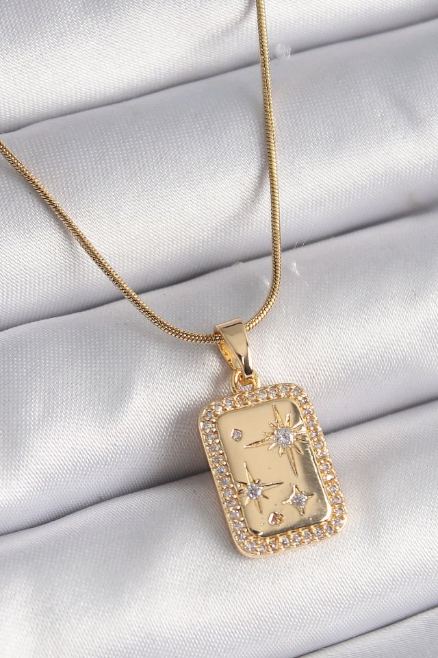 Gold Zirkon Taşlı Yıldız Madalyon Kadın Kolye - 316L Çelik