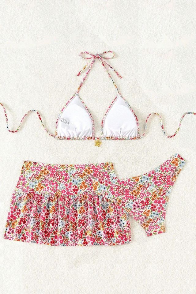 Bella Notte Pembe Çiçek Desenli Etekli 3 Parça Bikini Takımı M-9005
